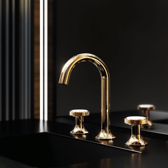 The elegant Valencia washbasin fitting by Jörger shines in the exclusive finish sunshine. Together with black surfaces an elegant dream. The tap handles are decorated with precious white crystals.  