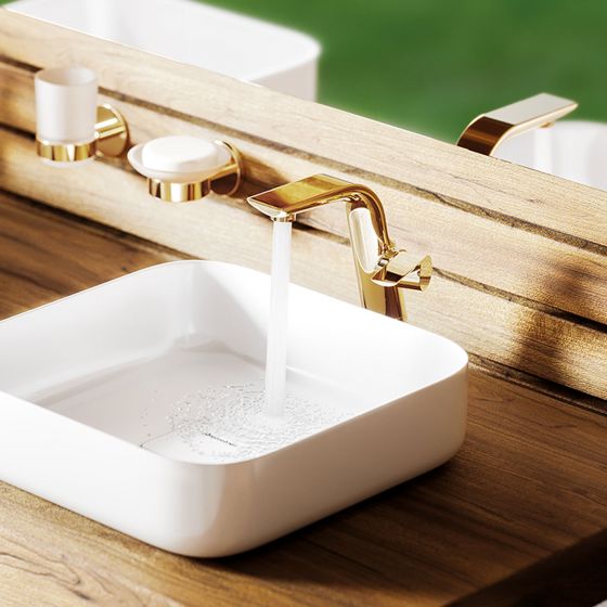 Jörger, Exal, exclusive finish, Sunshine, surface, electroplated, gold plated, carat, 18, golden hue, sunny appearance, single lever mixer, body extension, projection 173, height 240, Lupi, Bolo, countertop washbasin
