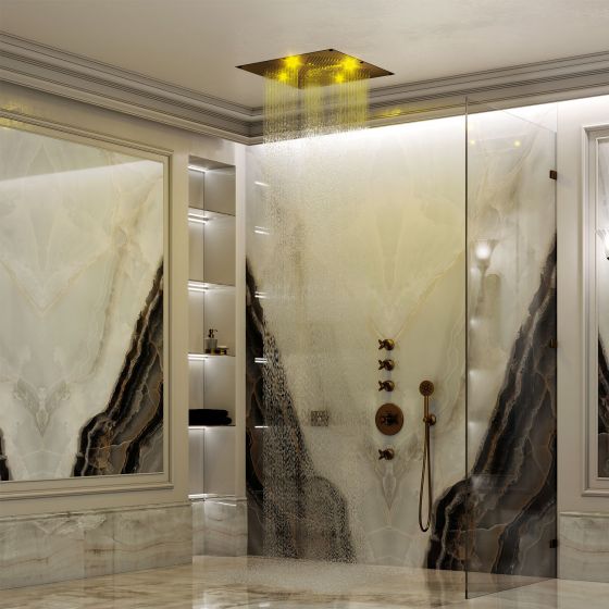 Jörger Design, Rainheaven, Cronos, потолочная панель, душевая, многофункциональная, режим струи, дождевой поток, бронза, классический, интерьер ванной, верхний душ, хромотерапия, мрамор, желтый, premium, Home Spa 
