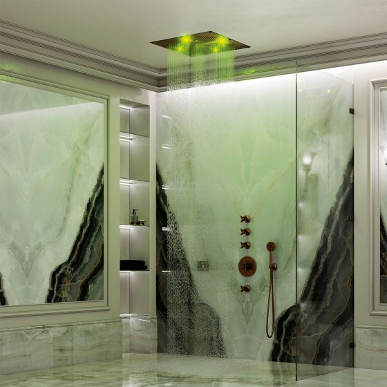 Jörger Design, Rainheaven, Cronos, потолочная панель, душевая, многофункциональная, режим струи, дождевой поток, тропический туман, бронза, классический, интерьер ванной, верхний душ, хромотерапия, мрамор, Home Spa 
