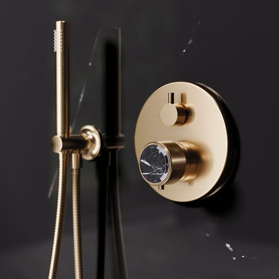 JÖRGER Design, VALENCIA, Marmorthermostat, Handbrause, Brausegarnitur, Designarmatur, schwarzer Marmor, Naturstein, Halbedelstein, Edelmessing matt, Baddesign