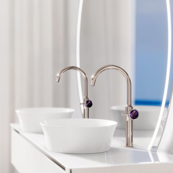 JÖRGER Design, washbasin mixer, body extension, designer, VALENCIA, XXL, single lever mixer, violet Amethyst, decor, gemstone, luxury, precious stone, natural stone