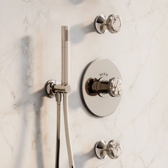 JÖRGER, JÖRGER Design, concealed thermostat, VALENCIA, design fitting, decor, natural stone, semi-precious stone, white Turquoise, hand shower, white marble, Calacata, platinum, premium, stone in interior design