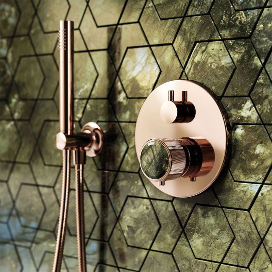 JÖRGER, JÖRGER Design, concealed thermostat, VALENCIA, designer tap, decor, natural stone, Labradorite, hand shower, gemstone, green, rose gold, Marvel Dream, marble tiles, Atlas Concorde