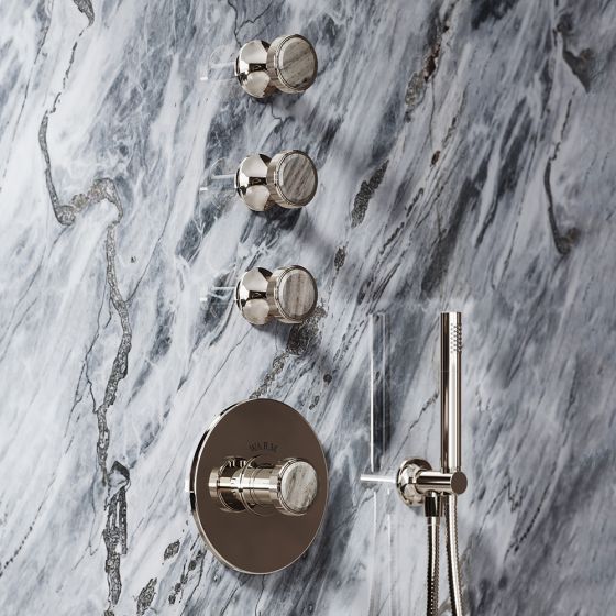 JÖRGER, JÖRGER Design, concealed thermostat, VALENCIA, designer mixer tap, decoration, natural stone, Italian marble, Pallissandro Blue, hand shower, gemstone, premium, interior stone, accent, valve, engraved handle