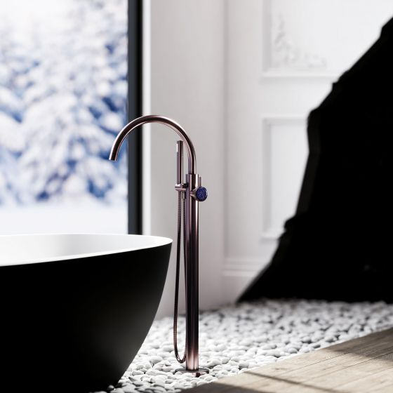 Jörger Design, VALENCIA, „Nerz matt“, blauer Aventurin, Naturstein, freistehende Wannenarmatur, Badewanne, anthrazit, exklusives Finish, Premium, Designerarmatur, Badgestaltung, Innenarchitektur