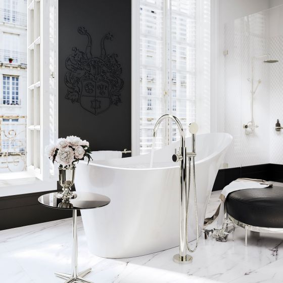 стильный интерьер, quite luxury, ванная комната, Jörger Design, Valencia, дизайнерский смеситель, серебристый никель, черный кристалл, напольный, для ванны, премиум, овальная ванна, свободно стоящий 