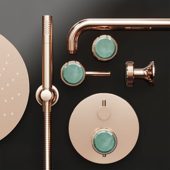 Jörger Design, Valencia, rose gold, green aventurine, natural stone, shower area, shower set, luxurious, elegant, high-quality