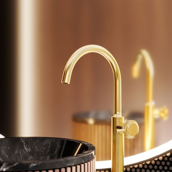 Jörger Design, Valencia, gold matt, washbasin faucet, free standing, marble, washbasin, mirror