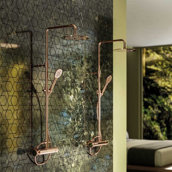 Jörger Design, Valencia, розовое золото, душ, смеситель, ванная комната, душ, душевая система, спа, роскошная ванная комната, дизайнерские смесители, стильный, элегантный, Joerger, роскошный, лабрадорит, драгоценные камни, натура